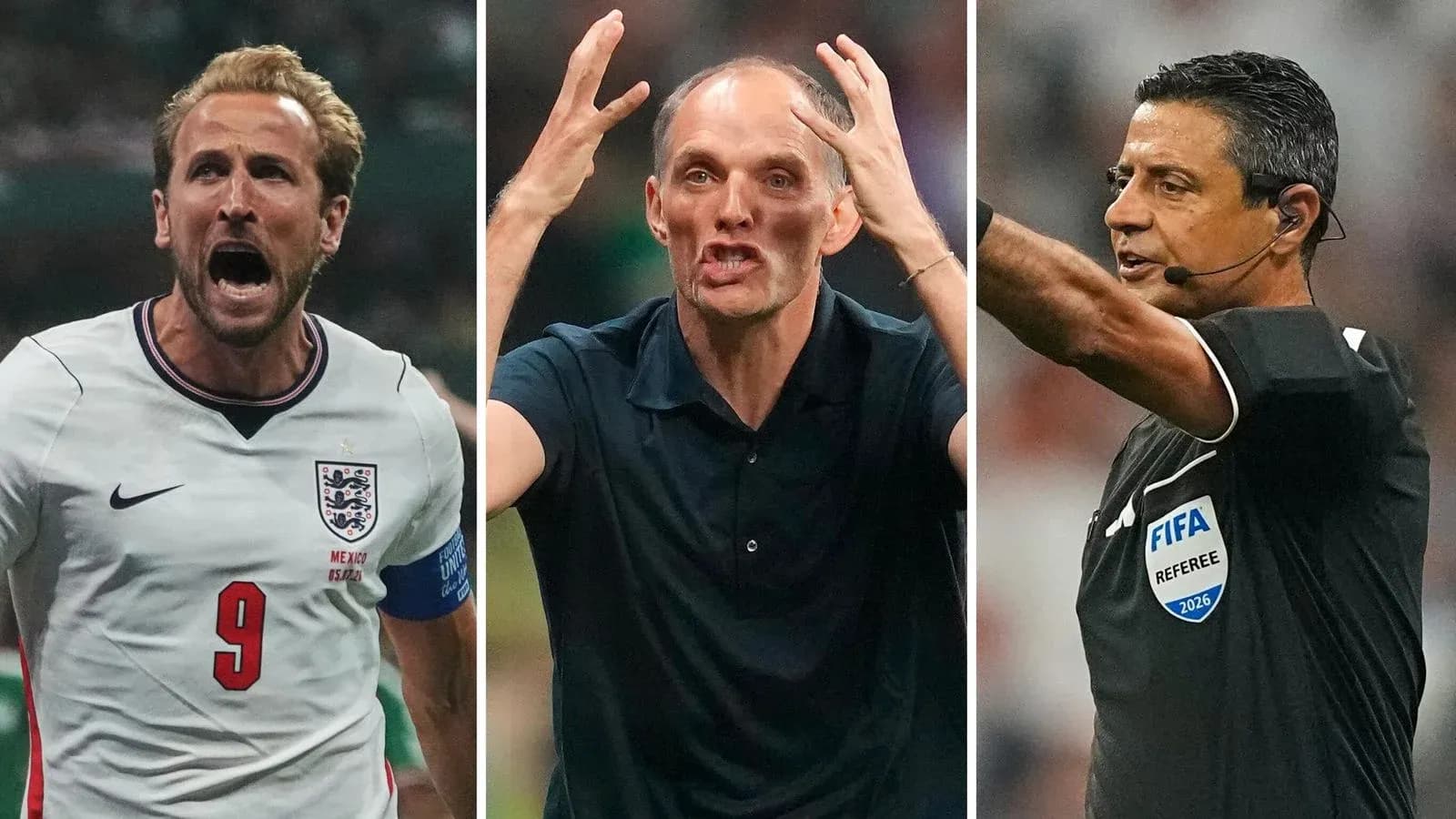 Harry Kane celebrating, Thomas Tuchel coaching, referee officiating Harry Kane celebrating, Thomas Tuchel coaching, referee officiating