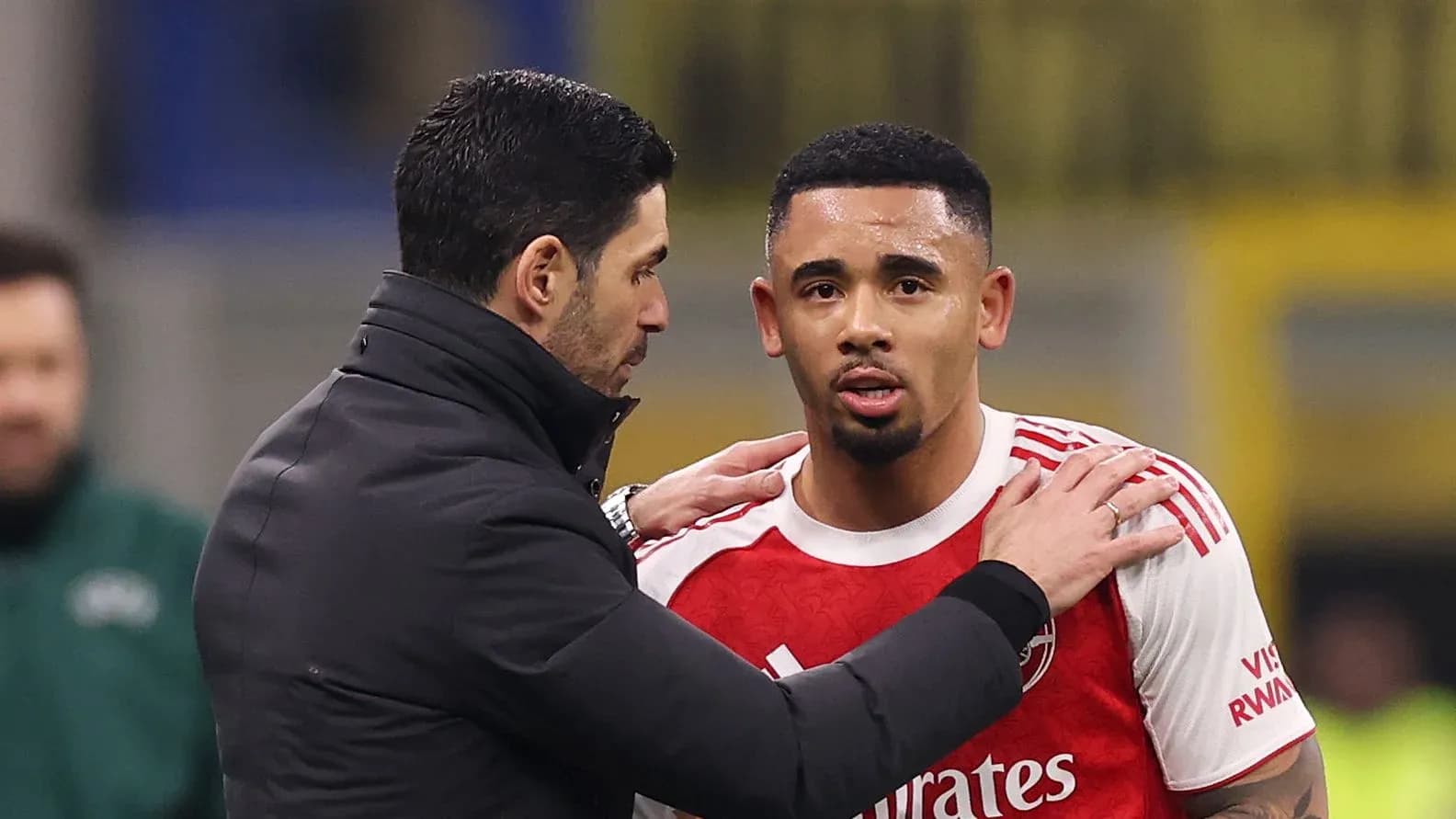 Mikel Arteta discussing with Gabriel Jesus on pitch Mikel Arteta discussing with Gabriel Jesus on pitch