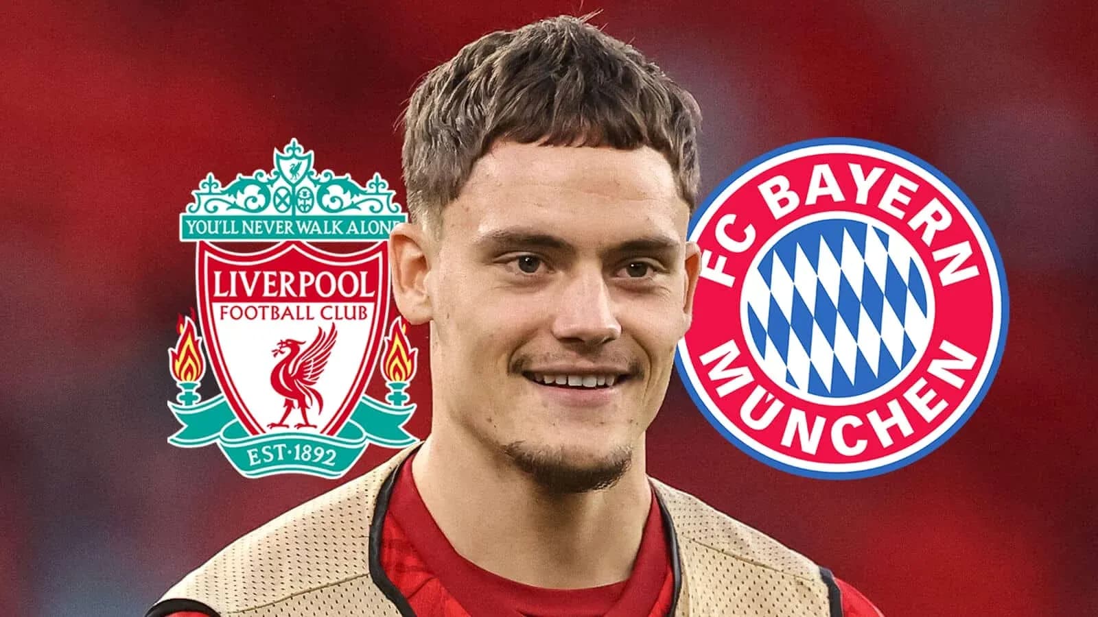 Futbolchi Liverpool va Bayern München logotiplari orqasida Futbolchi Liverpool va Bayern München logotiplari orqasida