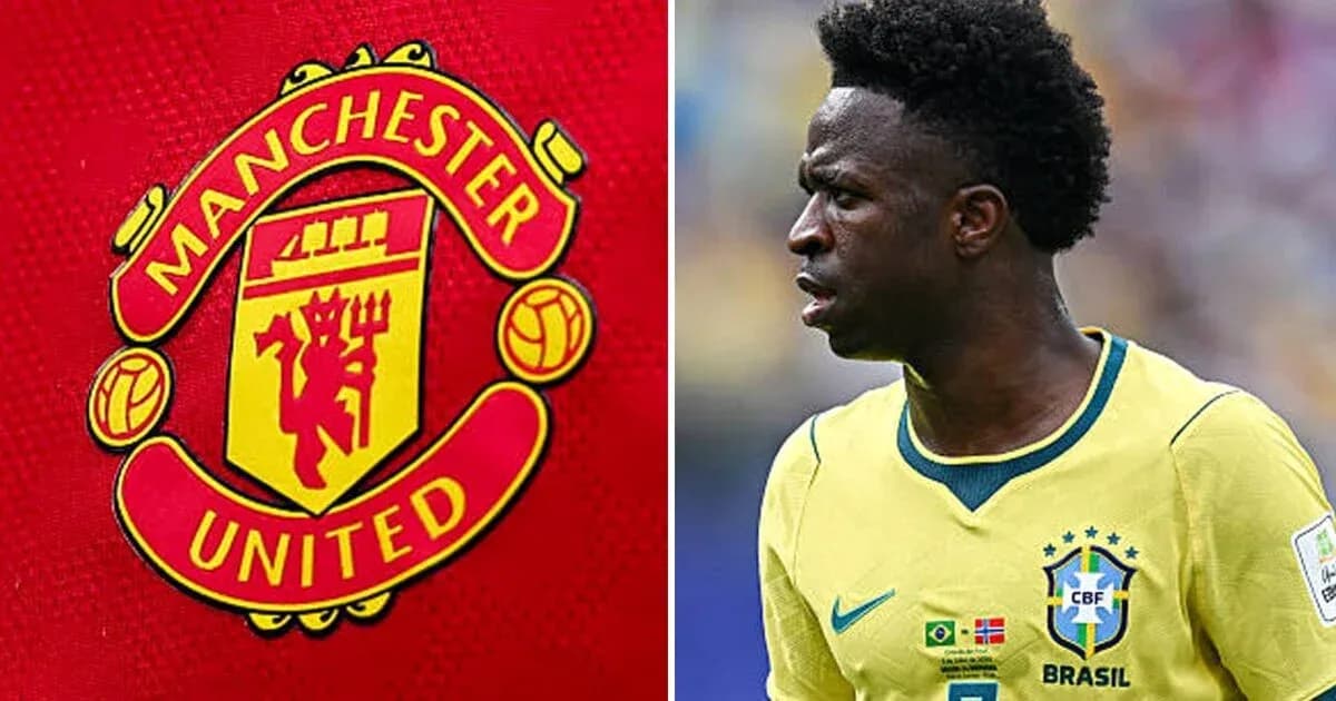 Manchester United logo and Vinícius Júnior in Brazil kit Manchester United logo and Vinícius Júnior in Brazil kit