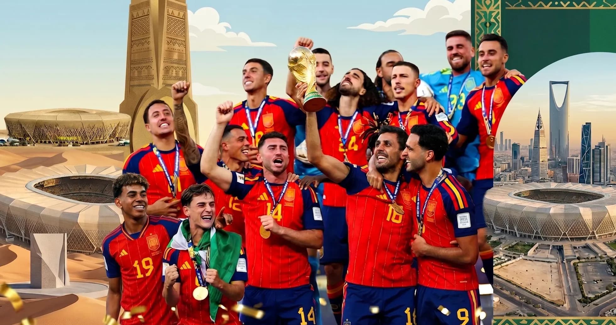 Spain national team celebrating with World Cup trophy Spain national team celebrating with World Cup trophy