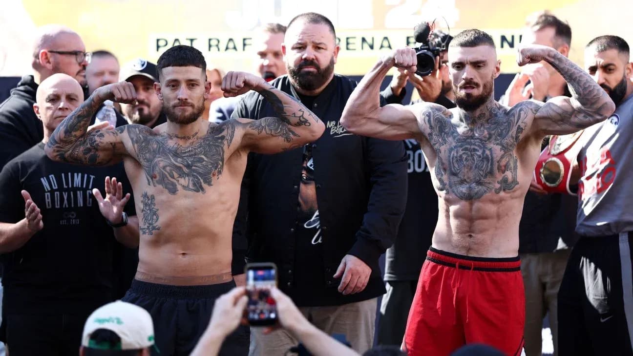 Boxers posing at weigh-in event before fight Boxers posing at weigh-in event before fight