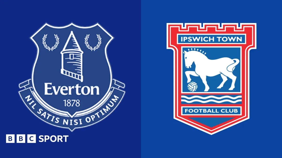 Everton and Ipswich Town club logos on blue background Everton and Ipswich Town club logos on blue background