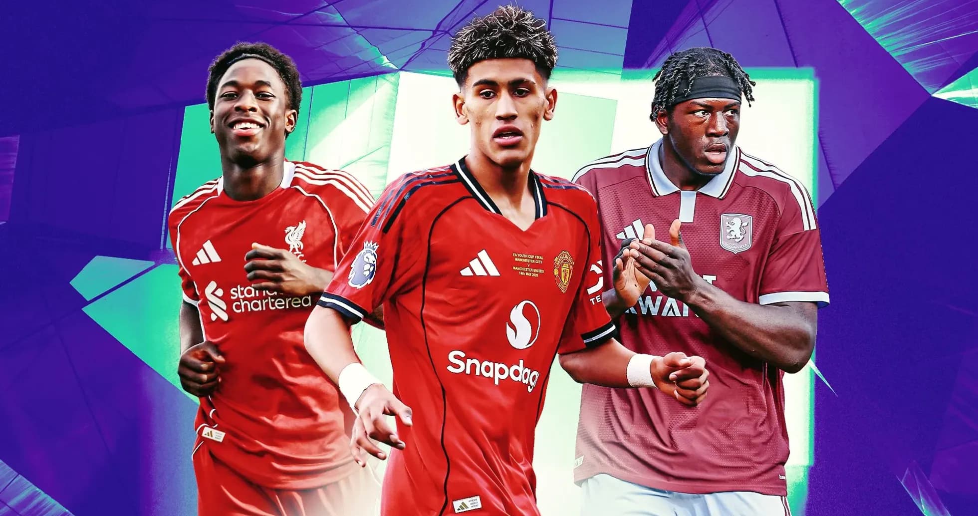 Three football players in team jerseys posing together Three football players in team jerseys posing together