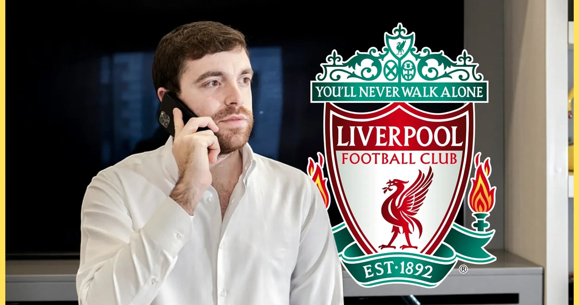 Man talking on phone with Liverpool FC logo background Man talking on phone with Liverpool FC logo background