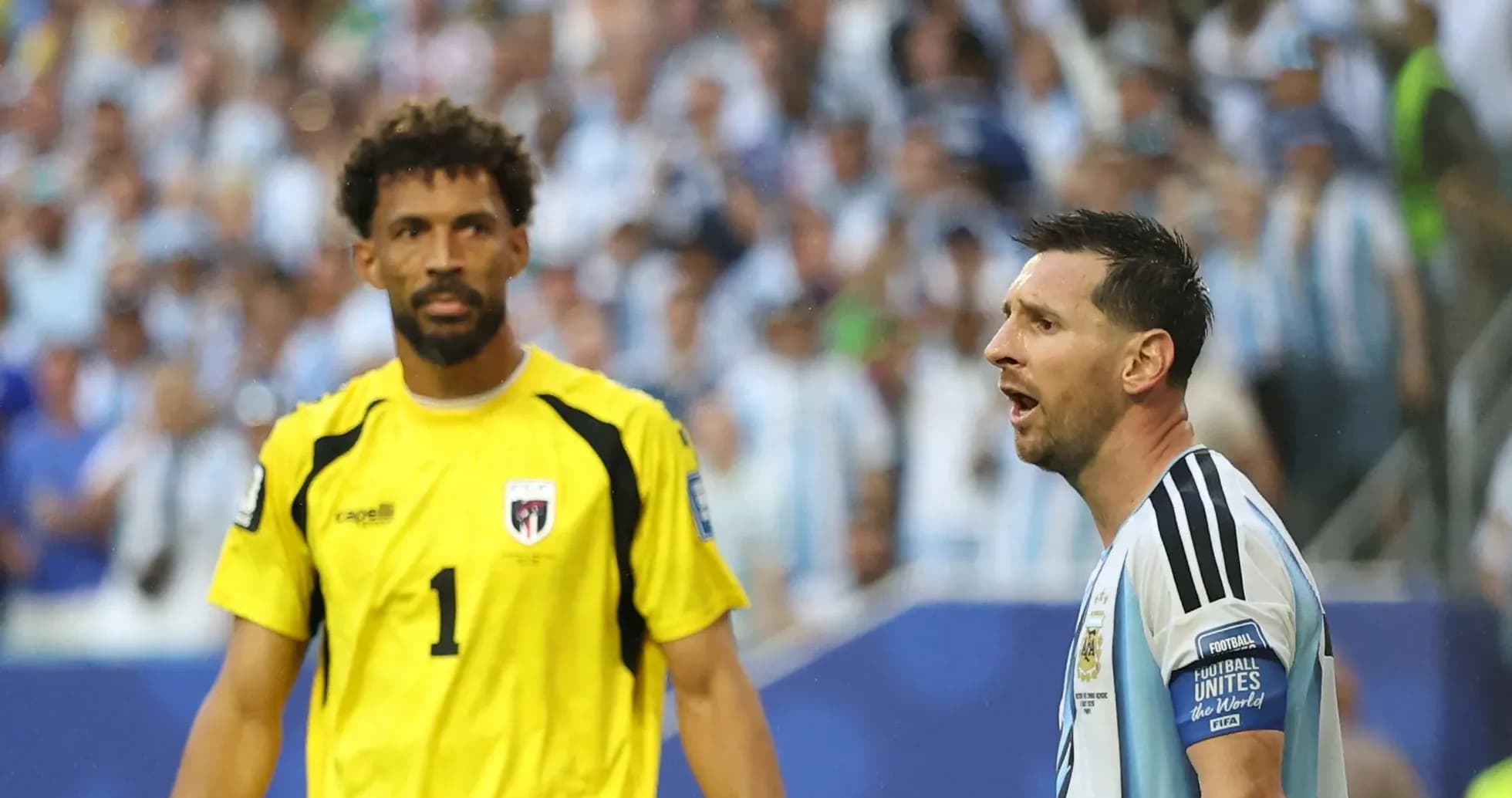 Lionel Messi and goalkeeper during football match Lionel Messi and goalkeeper during football match