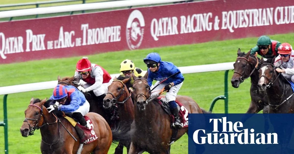 Jockeys racing on horses at Arc de Triomphe event Jockeys racing on horses at Arc de Triomphe event