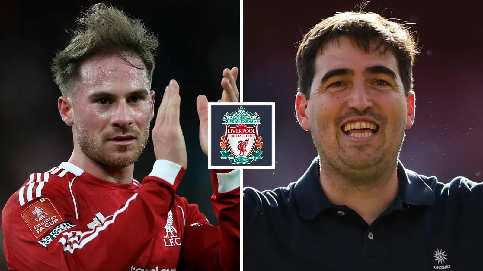 Ikkita futbolchi Liverpool formasida, klub logotipi bilan Ikkita futbolchi Liverpool formasida, klub logotipi bilan