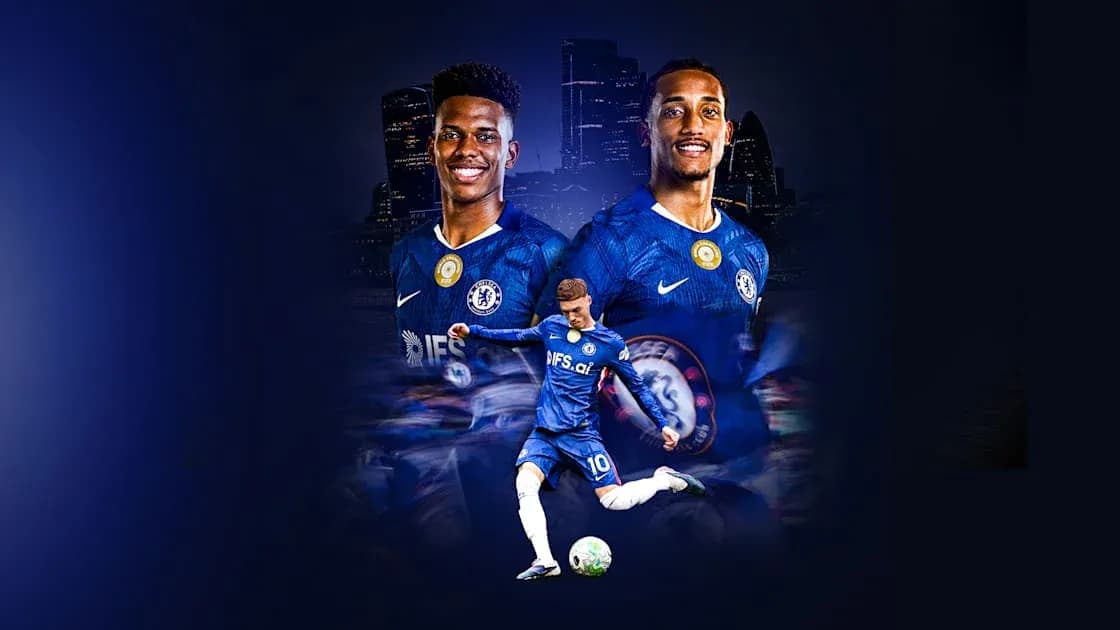 Chelsea players posing with ball in team jerseys Chelsea players posing with ball in team jerseys