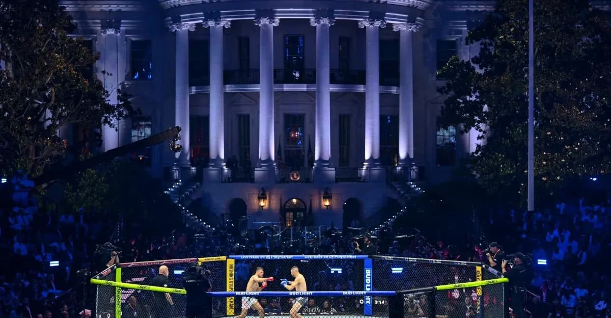 Two fighters competing in octagon near White House Two fighters competing in octagon near White House