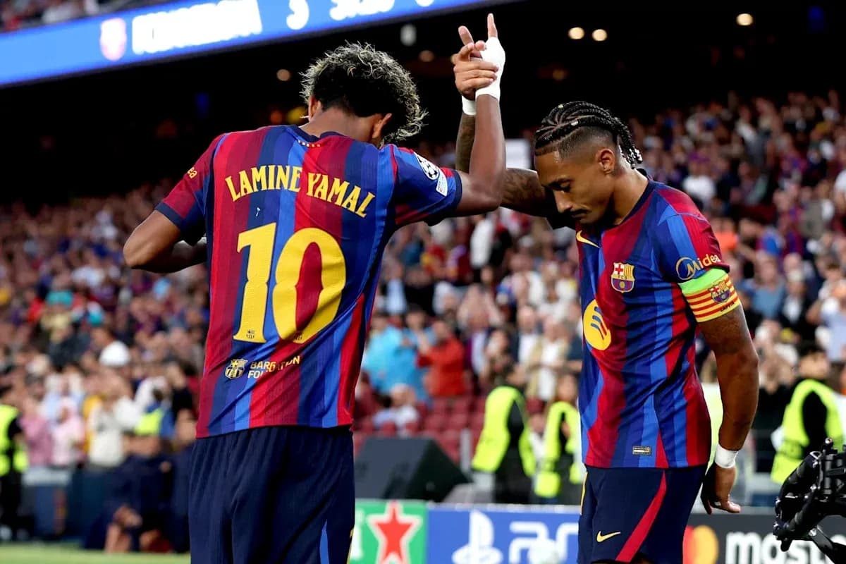 Lamine Yamal celebrating goal with teammate at Camp Nou Lamine Yamal celebrating goal with teammate at Camp Nou