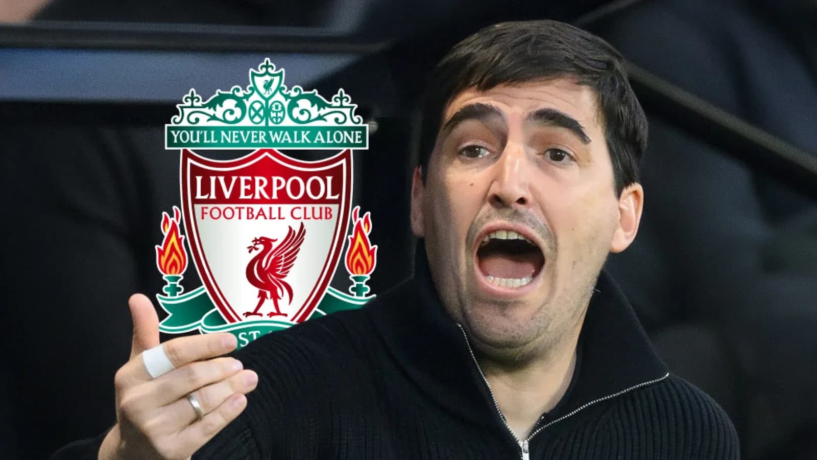 Man gesturing during Liverpool match with club logo Man gesturing during Liverpool match with club logo