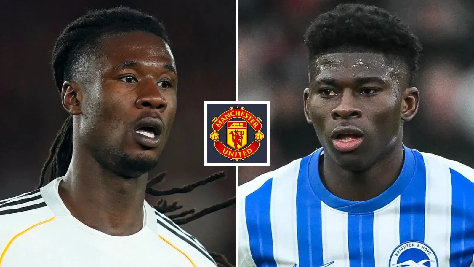 Two football players with Manchester United logo between them Two football players with Manchester United logo between them
