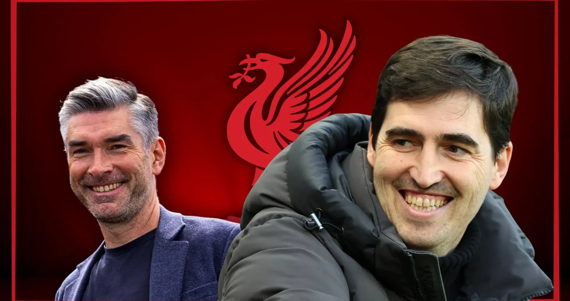 Two football managers smiling with Liverpool logo background Two football managers smiling with Liverpool logo background