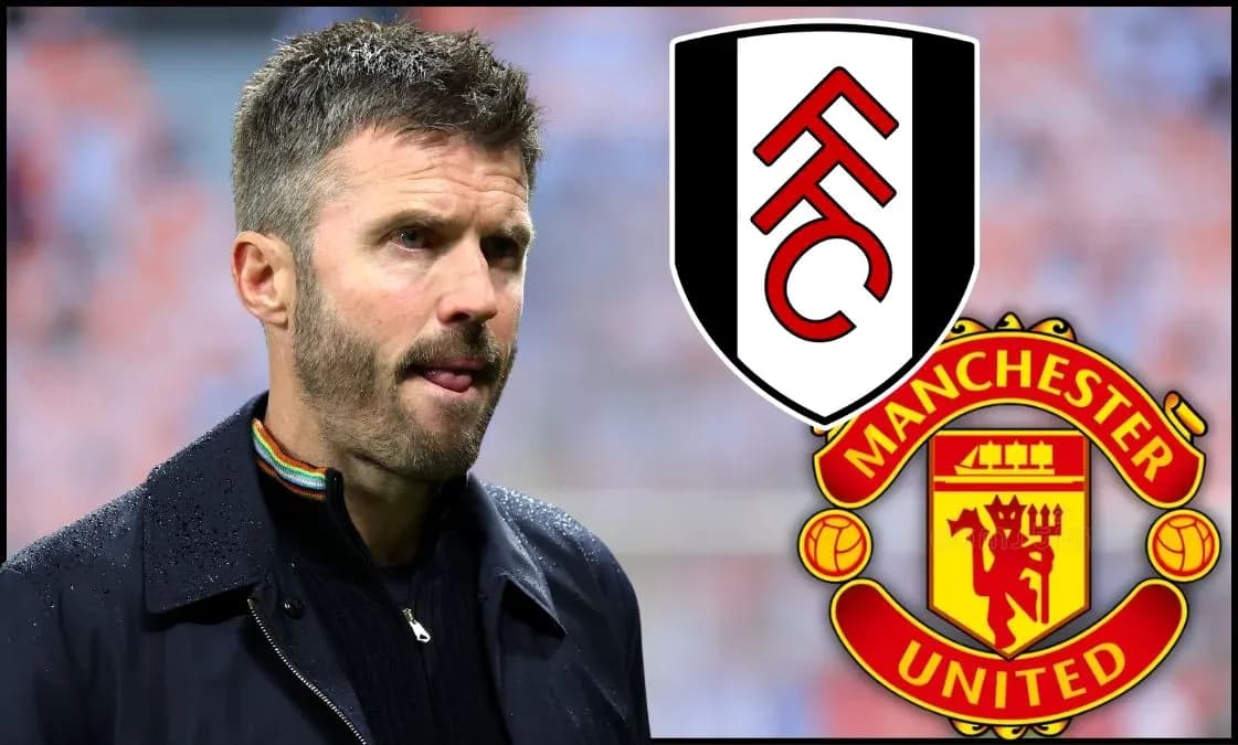 Fulham and Manchester United logos with coach in background Fulham and Manchester United logos with coach in background