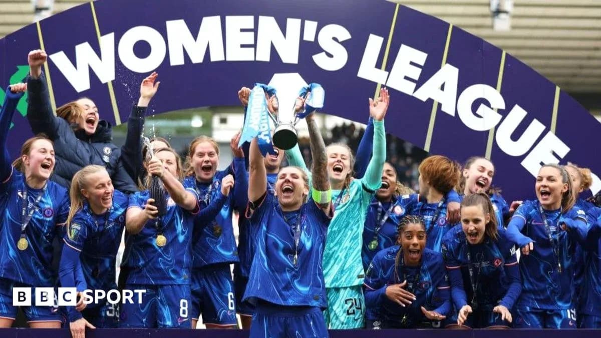 Chelsea Women's team celebrating league victory with trophy Chelsea Women's team celebrating league victory with trophy
