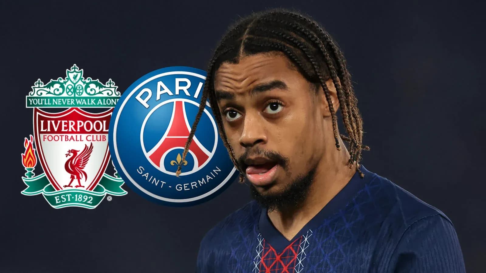 Futbolchi, Liverpool va PSG logotiplari fonida Futbolchi, Liverpool va PSG logotiplari fonida