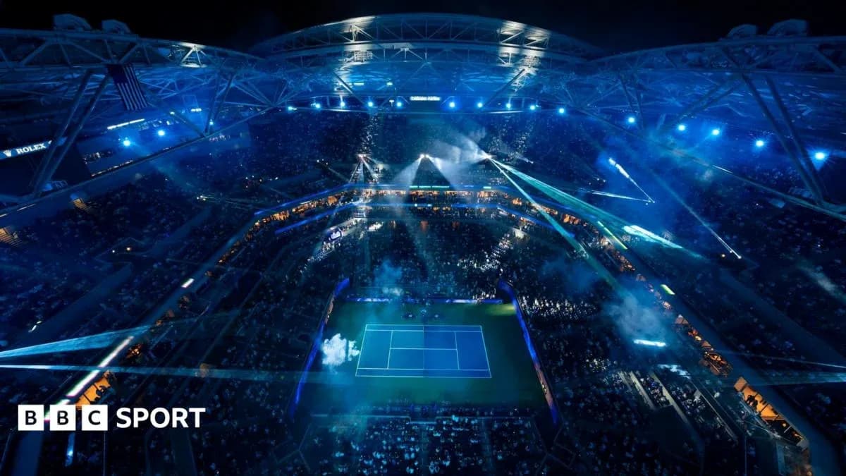 Tennis stadium illuminated during night match event Tennis stadium illuminated during night match event