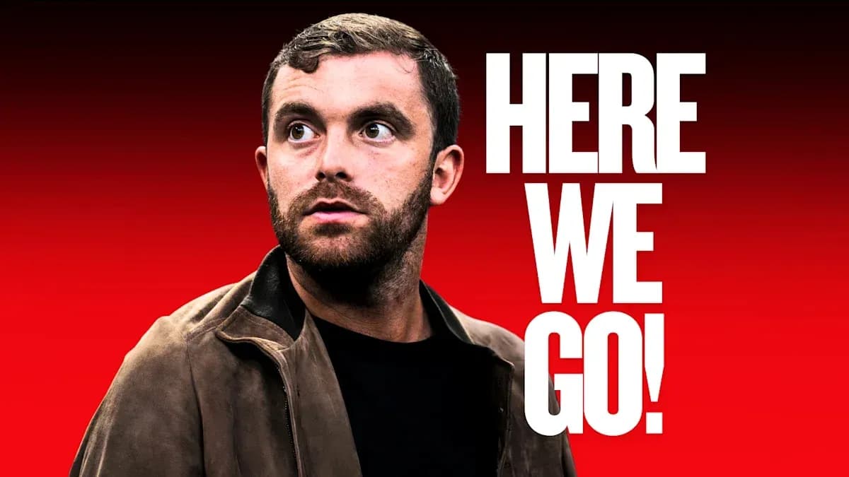 Man with beard looking up against red background Man with beard looking up against red background