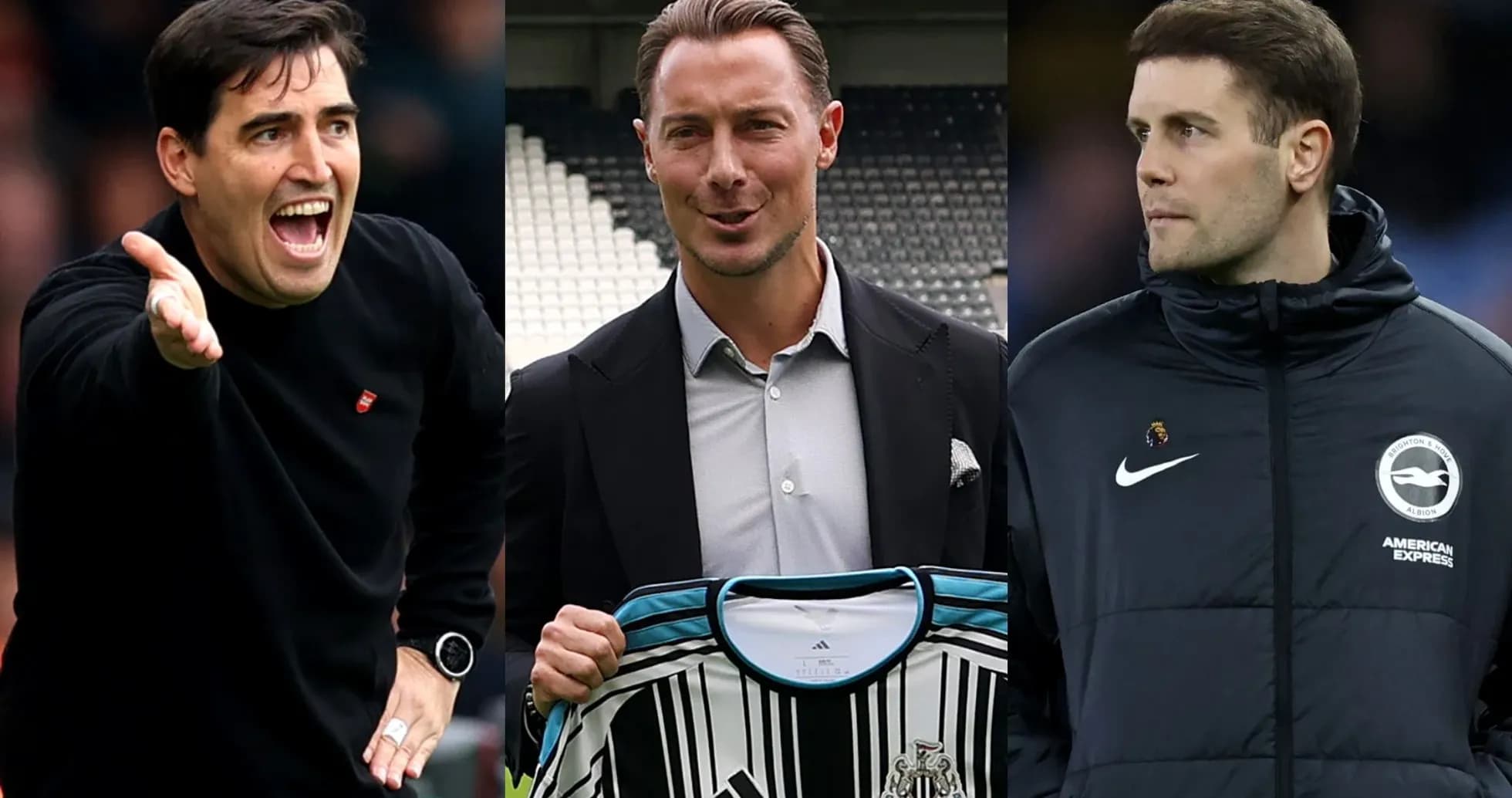 Three football managers posing in different settings Three football managers posing in different settings