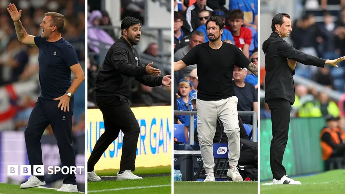 Four football managers gesturing during matches Four football managers gesturing during matches